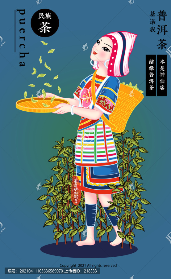 基諾族女孩普洱茶曬茶民族風(fēng)插畫