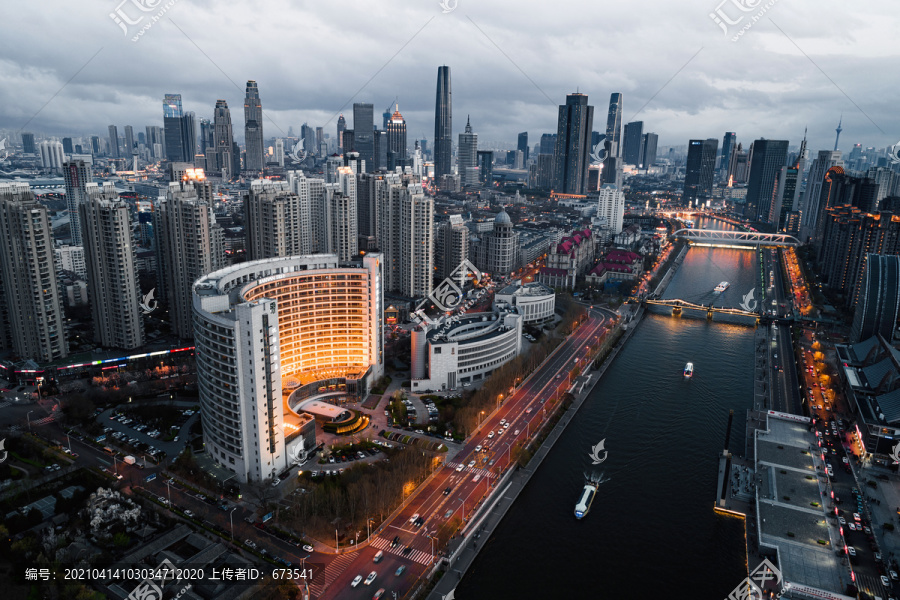 航拍天津城市建筑海河夜景