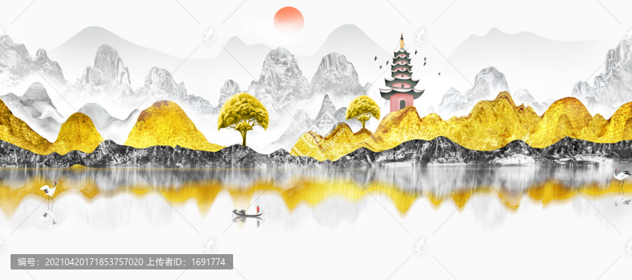 手繪中國風(fēng)意境金色抽象山水風(fēng)景