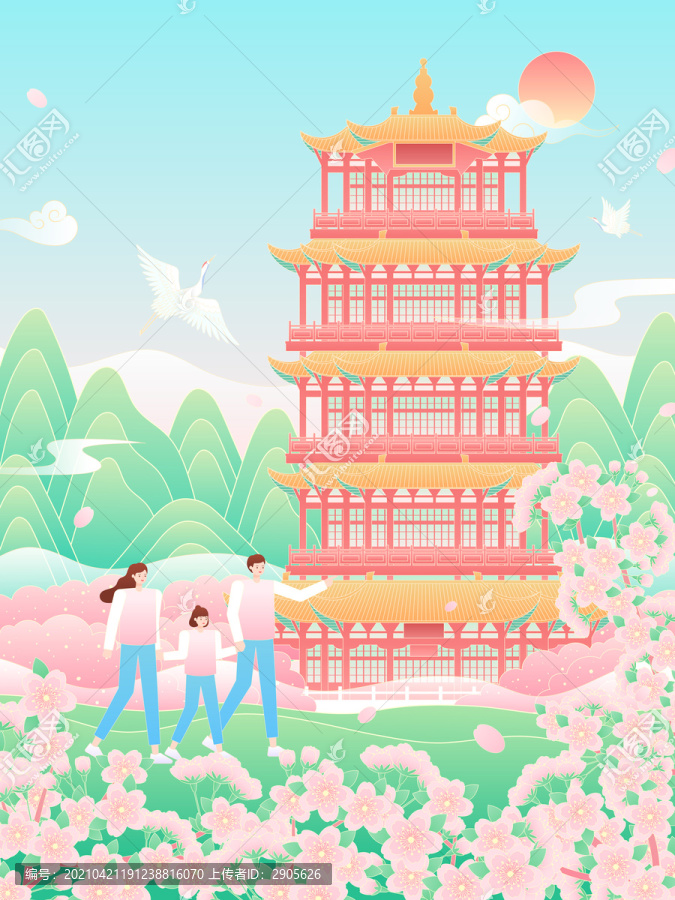 親子游玩武漢黃鶴樓風(fēng)景矢量插畫(huà)