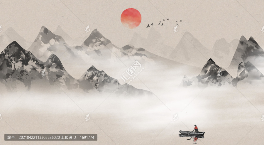 手繪中國(guó)風(fēng)意境山水風(fēng)景畫