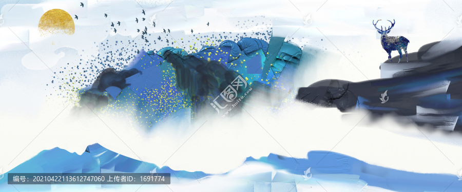 中國風(fēng)藍色麋鹿意境山水畫