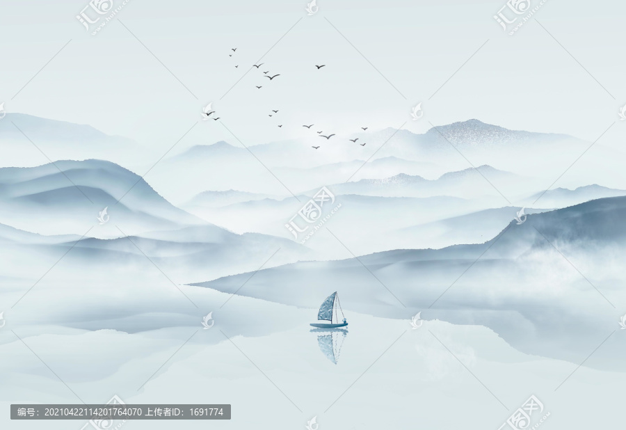 中國風(fēng)藍色意境山水畫