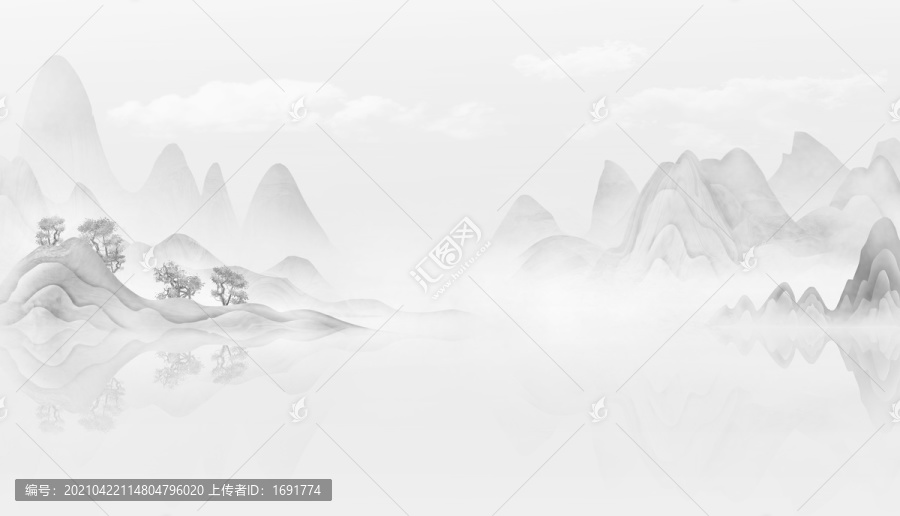 手繪中國(guó)風(fēng)意境層次山水風(fēng)景畫