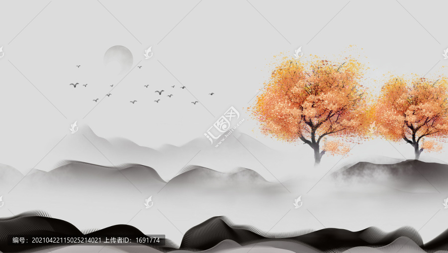 手繪中國風(fēng)意境山水風(fēng)景畫