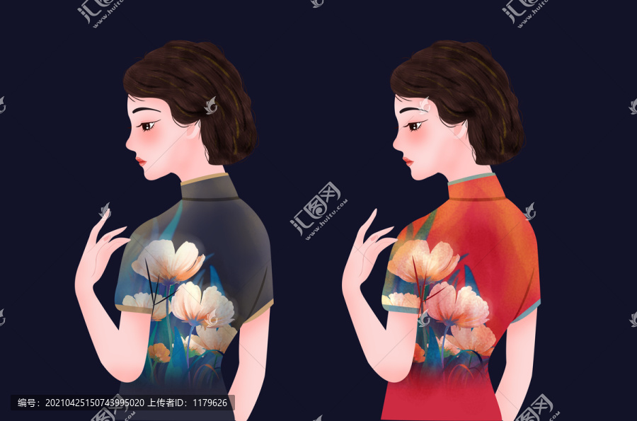 古典旗袍美女側(cè)面插畫