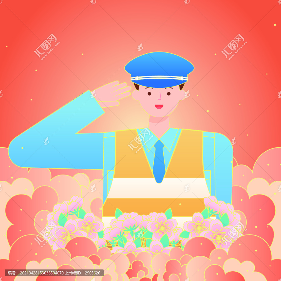 勞動節(jié)交警職業(yè)人物國潮插畫