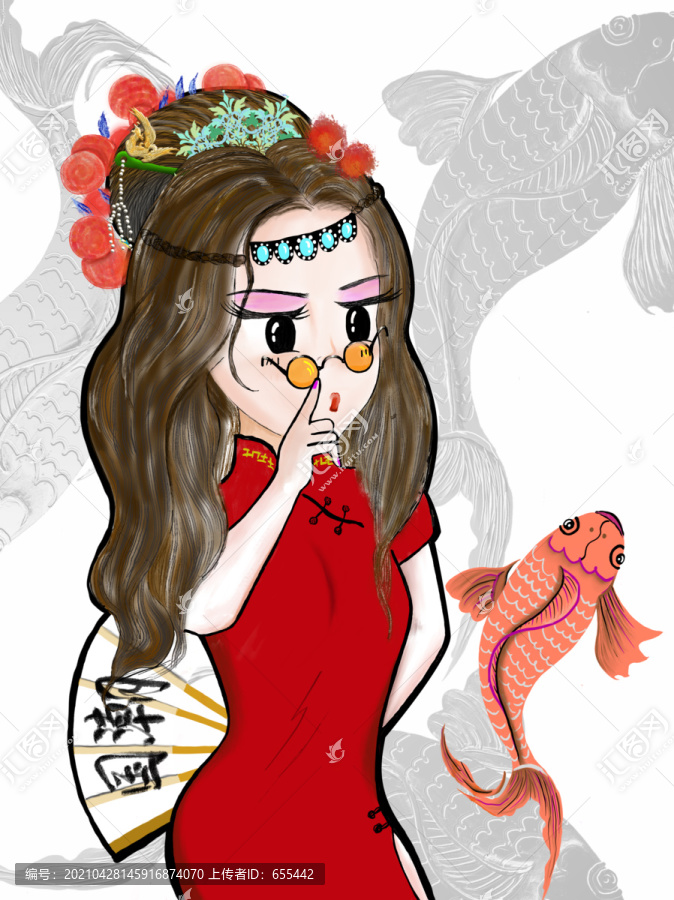 原創(chuàng)手繪卡通人物旗袍國潮女孩子