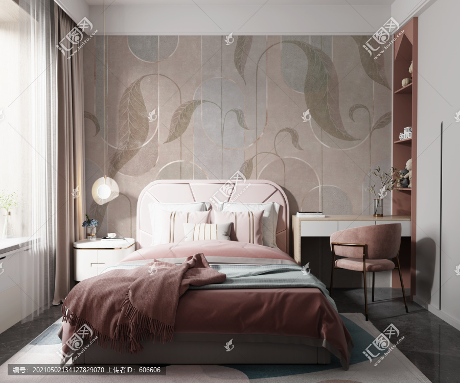 现代卧室背景墙布壁画效果图