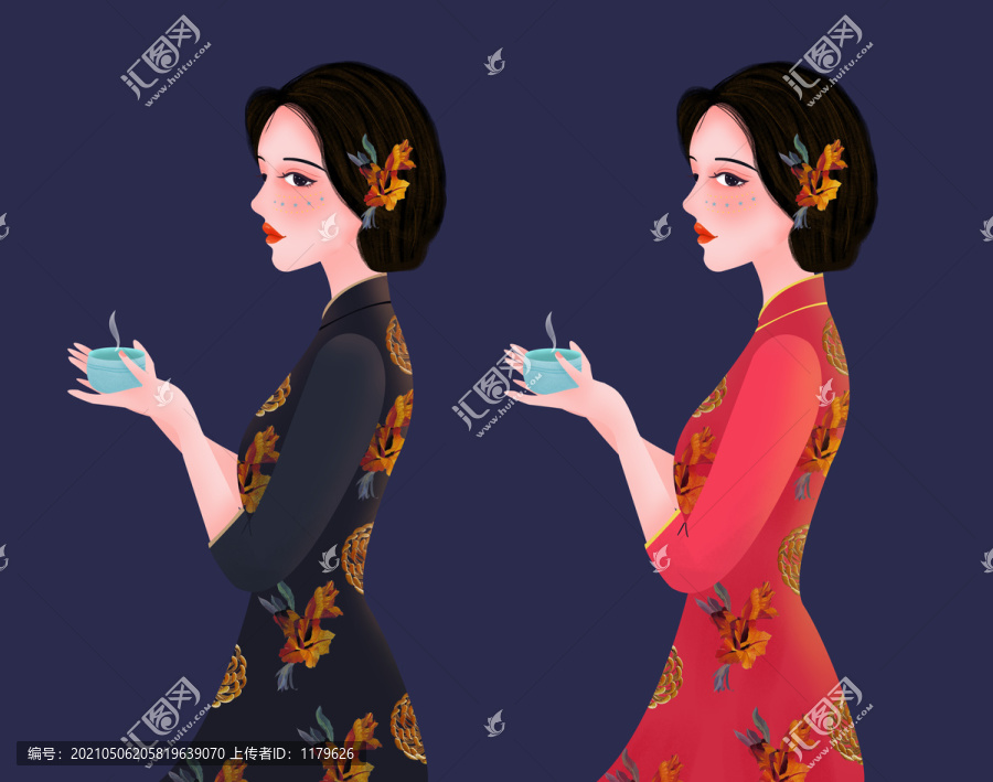 古典旗袍喝茶插画