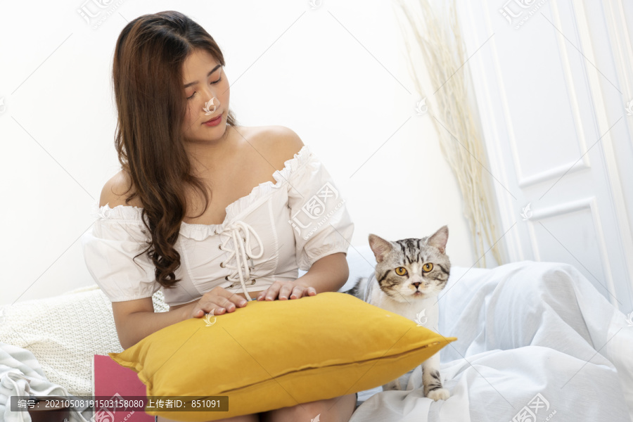 穿着白衬衫的泰国美女坐在沙发上，客厅里有一只毛茸茸的猫。