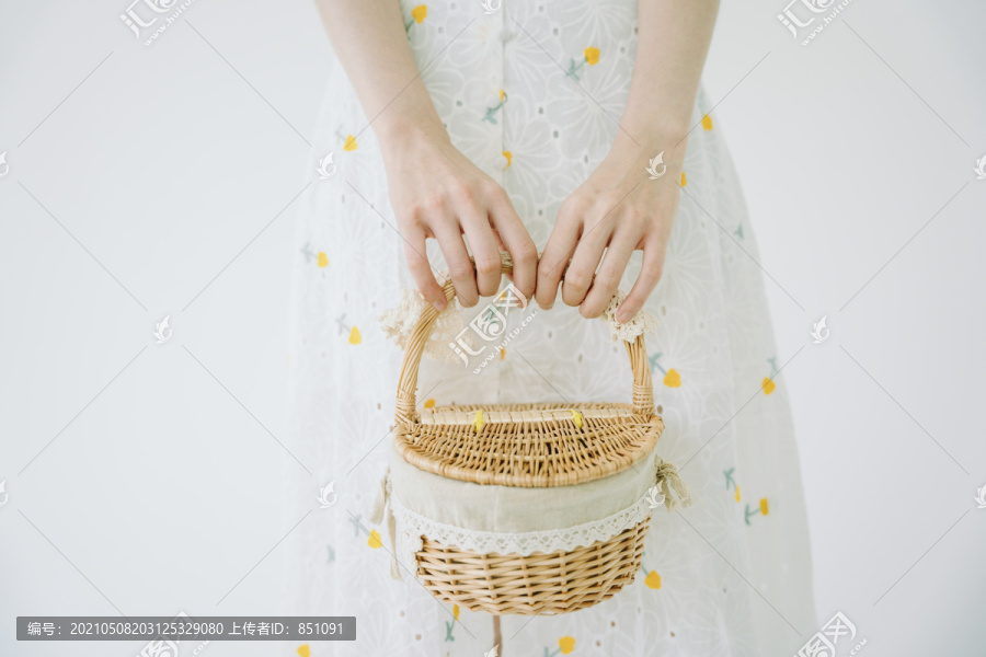 在白色背景下，穿着白色衣服的美女手持野餐篮的剪影。