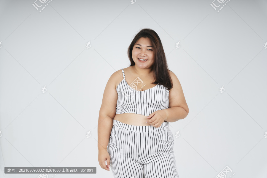 健康的亚洲胖女人在白色背景上的肖像。