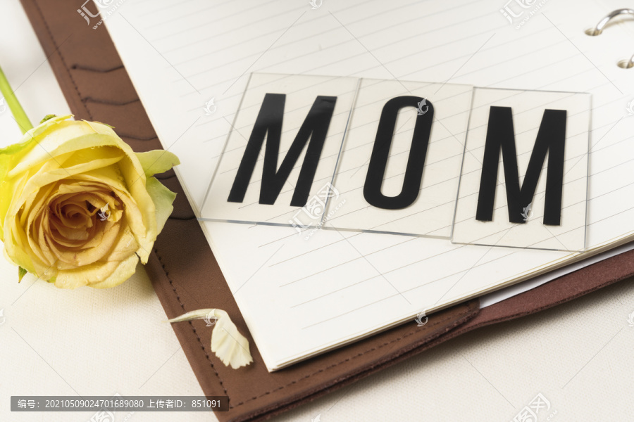 母亲节庆祝用黄色花朵写在古董书上的妈妈的话。