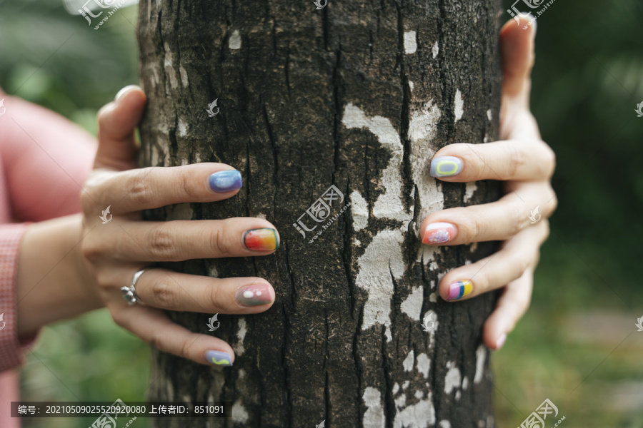 一个女人用双手抱着一棵树。