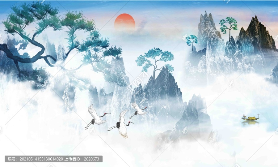 迎客松水墨山水畫