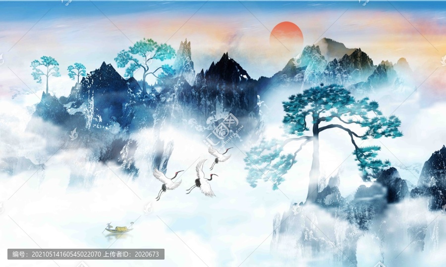 新中式迎客松山水