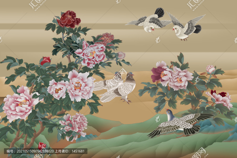 工筆畫牡丹鴿子