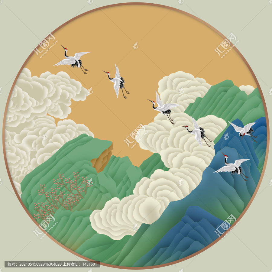 青綠山水仙鶴鏡心