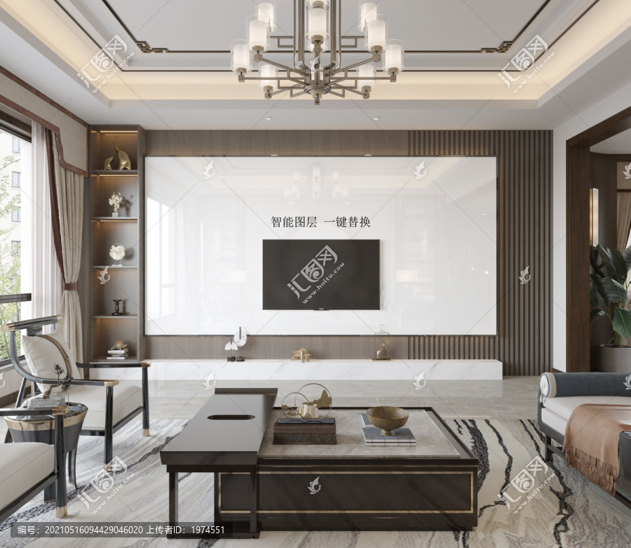 高清中式客廳石材背景墻場景樣機