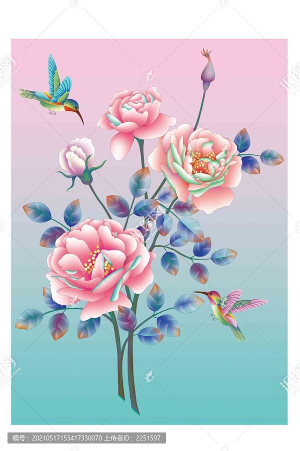 薔薇蜂鳥分層高清噴繪插畫圖