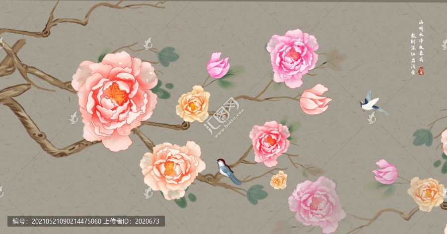 水彩牡丹花花鳥(niǎo)壁畫(huà)