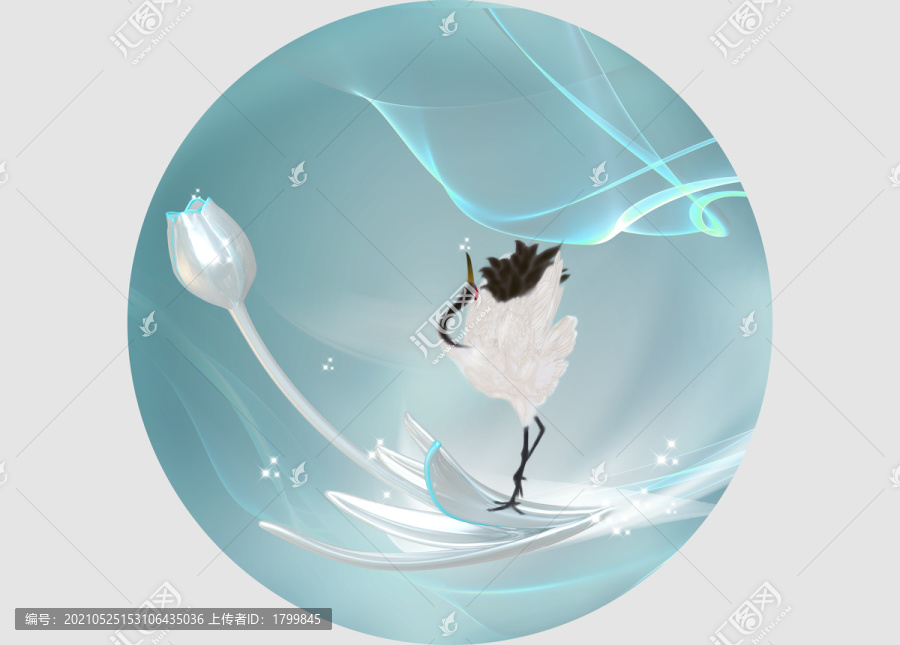 仙鶴鳴音玉蓮圓鏡新中式國風(fēng)插畫