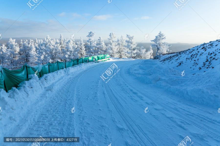 清晨冬季森林积雪公路