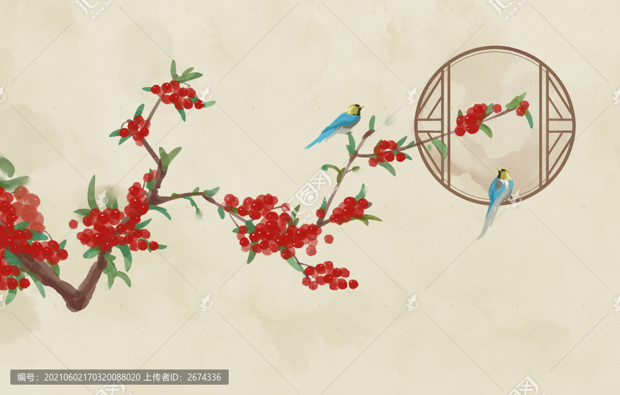 紅豆花鳥花草裝飾畫