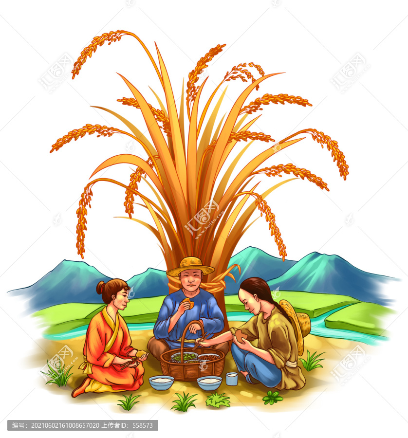 古代人物收貨水稻插畫