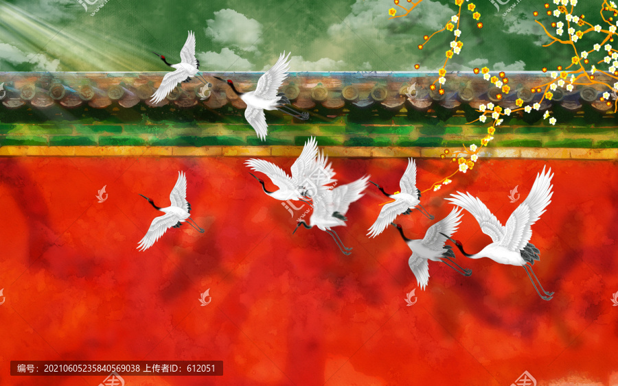 白鶴紅墻花鳥新中式國潮插畫
