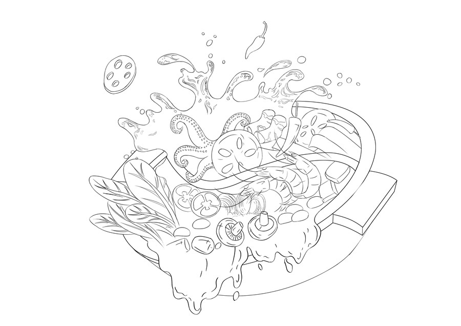火鍋插畫線稿分層