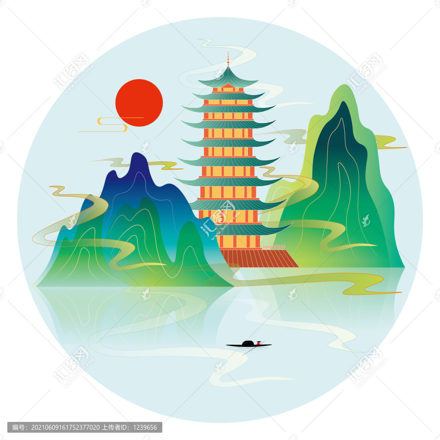 國(guó)潮風(fēng)景插畫山水古建插畫