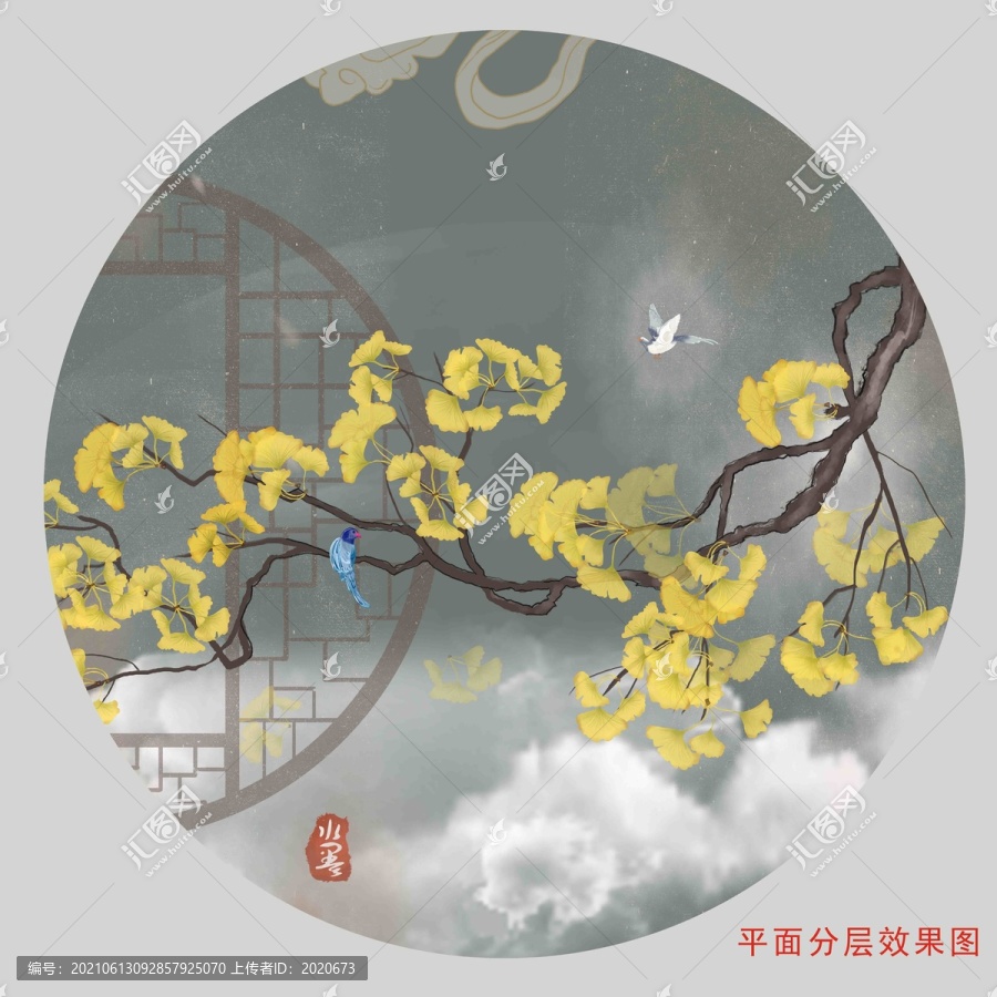 圓形銀杏葉掛畫