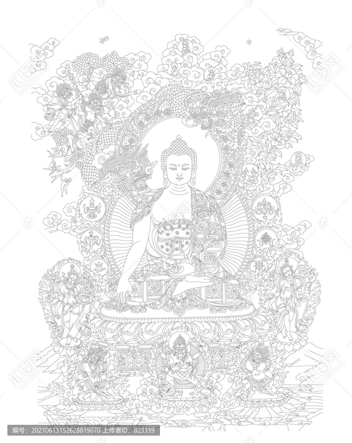 唐卡釋迦摩尼如來(lái)佛線(xiàn)稿矢量