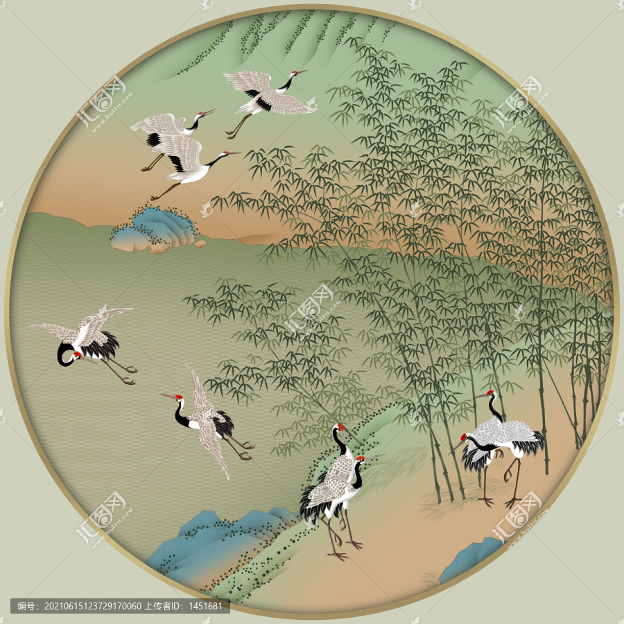 竹林仙鶴圓形鏡心