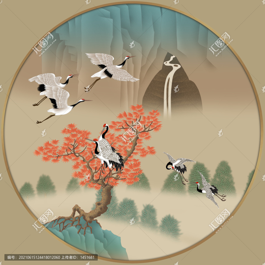青綠山水仙鶴圓形鏡心