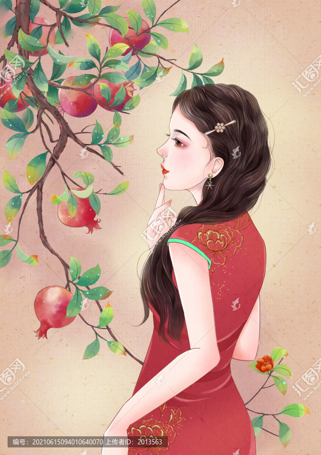 民國風(fēng)插畫石榴女孩