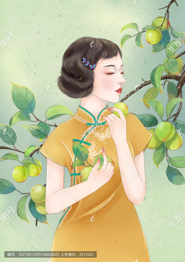 青梅女孩民國風(fēng)插畫