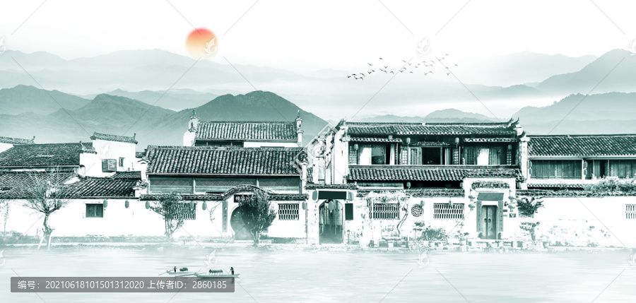 水墨徽派建筑山水畫