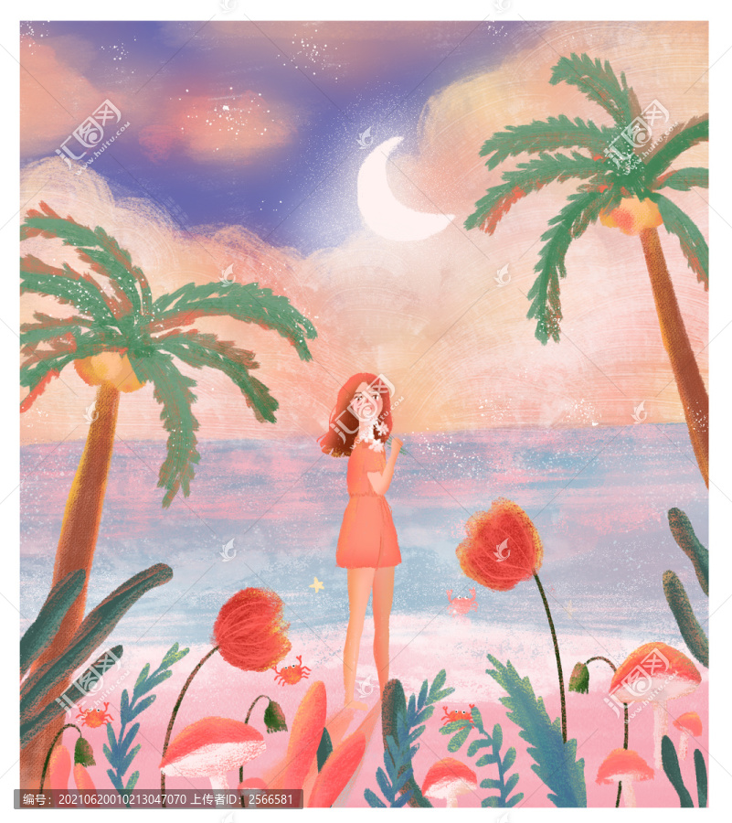 夏日少女海灘人物插畫溫暖系