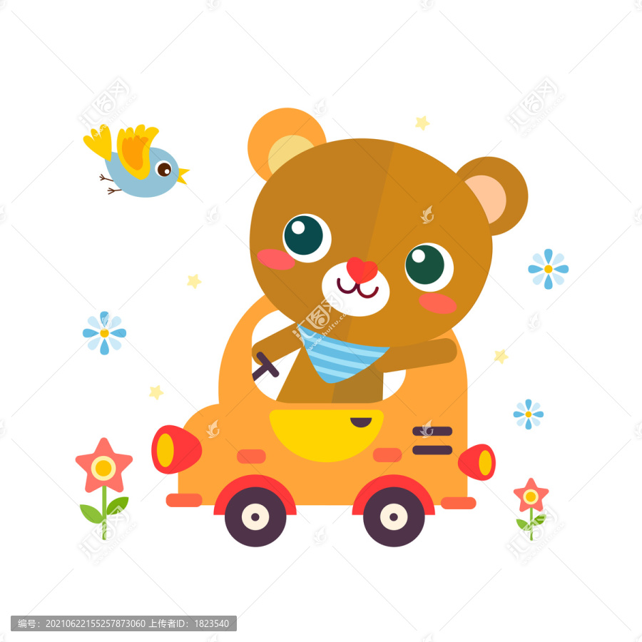 可爱的卡通矢量小熊开着小车郊游