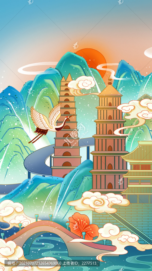 西安城市中國(guó)風(fēng)建筑插畫