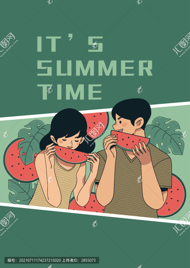 夏日主題插畫吃西瓜的情侶