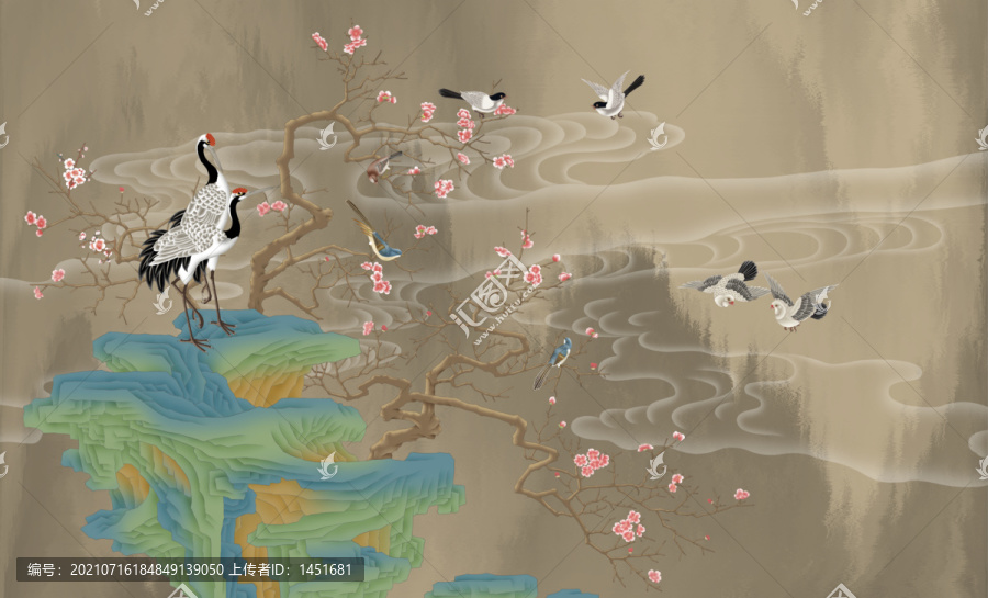 工筆花鳥畫梅花山石圖