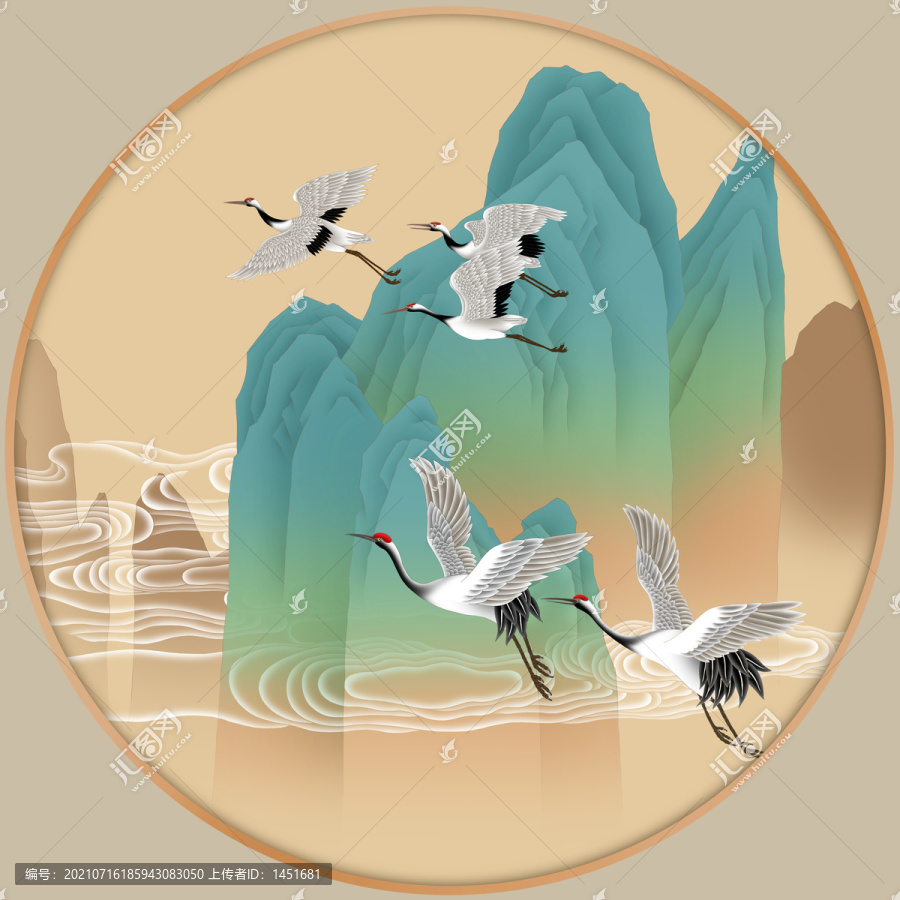 青綠山水仙鶴鏡心