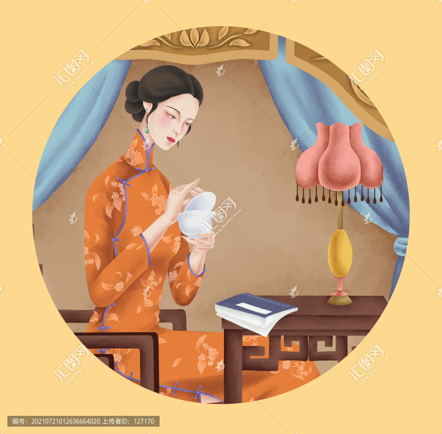 喝茶的旗袍美女包裝