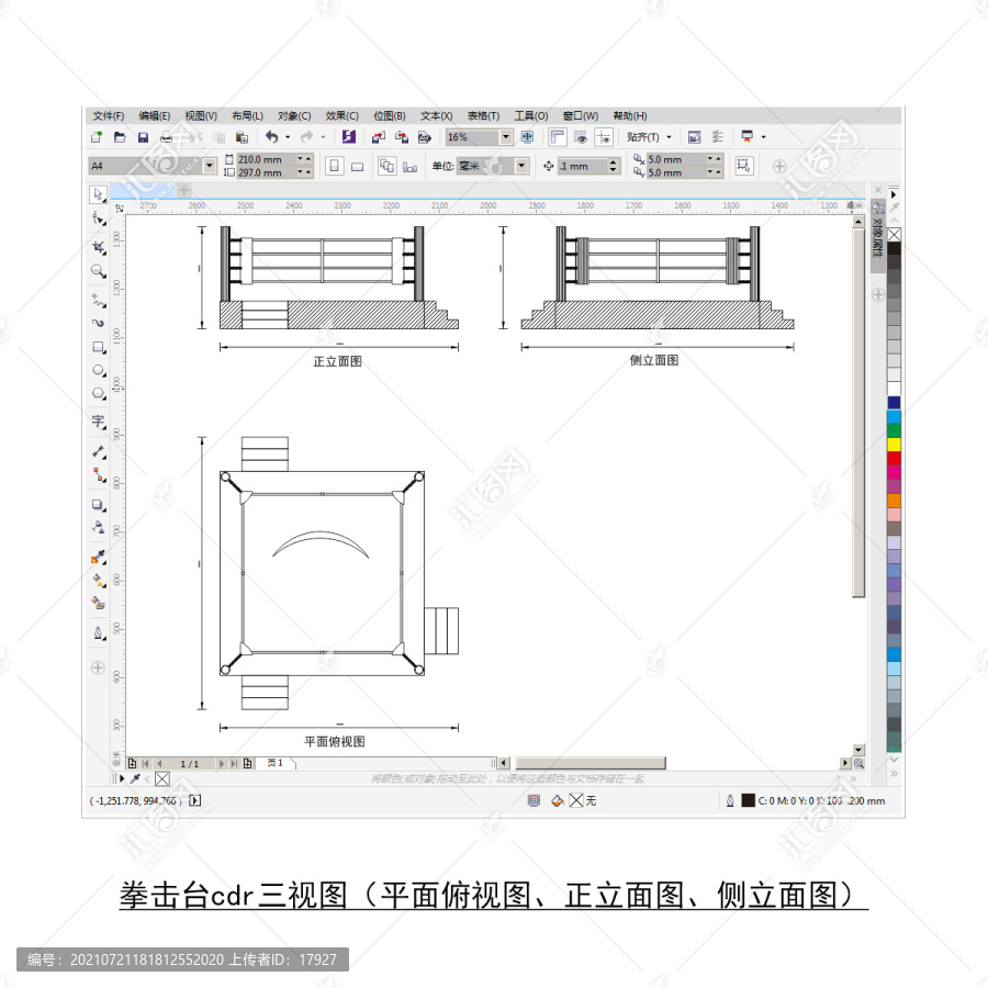 拳擊臺cdr平面圖立面圖