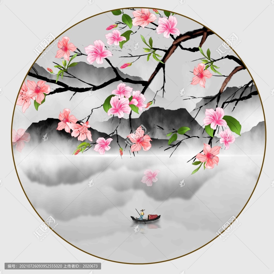 桃花圓形山水