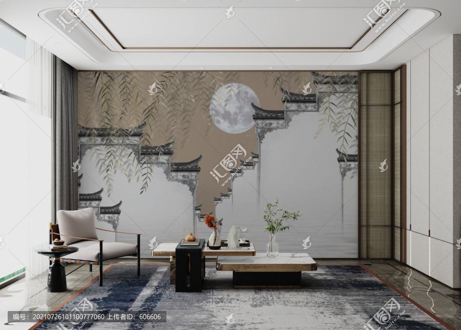 江南水鄉(xiāng)墻布壁畫背景效果圖